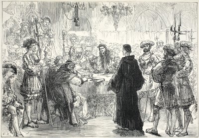 Luther voor de Rijksdag in Worms, illustratie uit The History of Protestantism door James Aitken Wylie (1808-1890), gepubliceerd 1878 door English School