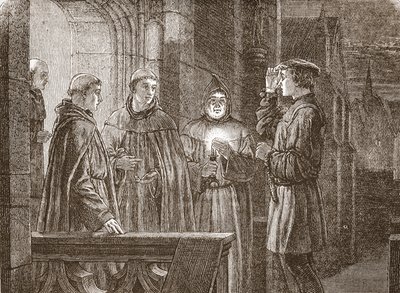 Luther die het Augustijner klooster binnengaat, illustratie uit The History of Protestantism door James Aitken Wylie (1808-1890), gepubliceerd 1878 door English School