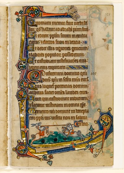 Een hond en konijn die aan het toernooi zijn, marginale decoratie uit de Macclesfield Psalter, Gebruik van Sarum, Oost-Anglia, ca. 1330 door English School