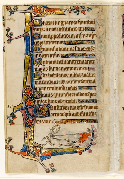 Een hert gelassoed door een man, marginale decoratie uit de Macclesfield Psalter, Gebruik van Sarum, Oost-Anglia, ca. 1330 door English School