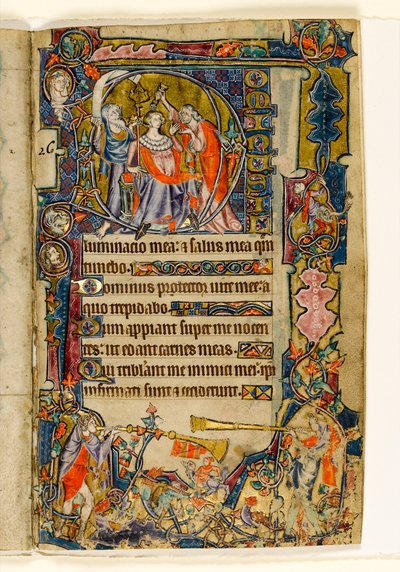 MS 1-2005, fol. 39r: De zalving van David en trompetters, gehistorieerde initiaal uit de Macclesfield Psalter, Gebruik van Sarum, Oost-Anglia, c.1330 door English School