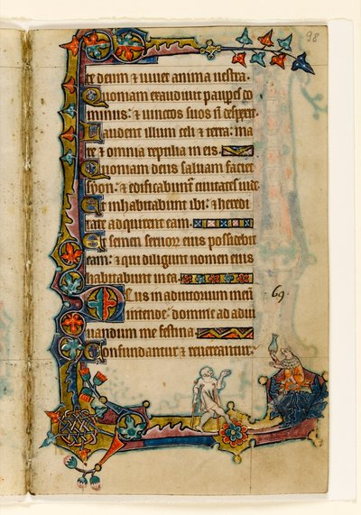 MS 1-2005, fol. 98r: Een bedelaar en een rijke varken (?), marginaal decor uit de Macclesfield Psalter, Gebruik van Sarum, Oost-Anglia, c.1330 door English School