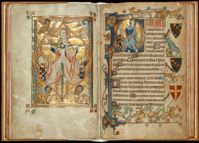 MS 242 f. 28v-29r De Troon van Genade met beschermheren, Christus zegent met een beschermheer, ca. 1314-30 door English School