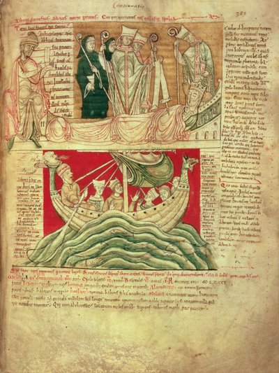 MS CCC 157 p.383 De visioenen gedroomd door Koning Hendrik I in Normandië in 1130, uit de Worcester Chronicle, ca. 1130-40 (perkament) ingevoegd ca. 1140 door John van Worcester in de kroniek begonnen door Florence van Worcester (gest. 1118); een van de vr door English School
