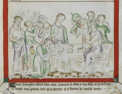 MS Royal 2 BVII, f.43 Ontmoeting van Samson en Delila op een Filistijns feest, detail uit 