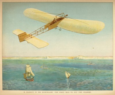 M. Bleriot in zijn eenvleugelig vliegtuig. De eerste man die het kanaal overvloog. Little people