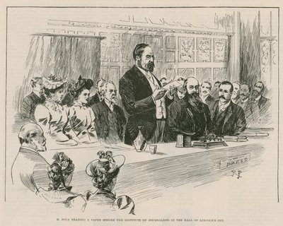 M Emile Zola leest een krant voor het Instituut van Journalisten in de hal van Lincolns Inn, Londen door English School