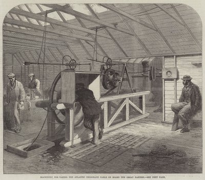 Machines voor het aan boord nemen van de Atlantische telegraafkabel op de Great Eastern (gravure) door English School