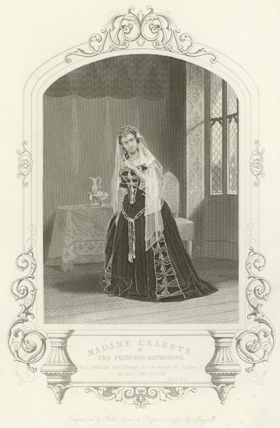 Madame Celeste als Prinses Katherine in Hendrik V, Act V, scène II door English School