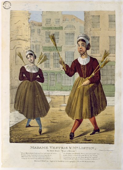 Madame Vestris en Mr Liston in hun Duet Koop een Bezem, uitgegeven door Ingrey & Madeley, 1826 door English School