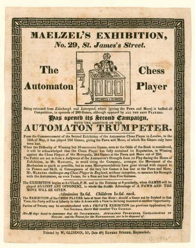 Maelzels Tentoonstelling, 29 St Jamess Street, de automaat schaakspeler, ca. 1825 door English School