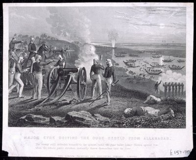 Majoor Eyre die de Oude Rebellen uit Allahabad verdrijft, uitgegeven door The London Printing and Publishing Company Limited, 1857 door English School