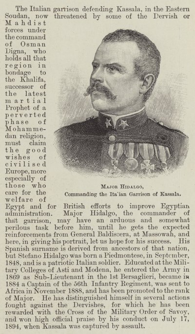 Majoor Hidalgo, commandant van het Italiaanse garnizoen van Kassala (gravure) door English School
