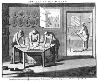 Het maken van beverhoeden, uit The Universal Magazine, Londen, gepubliceerd in 1750 door English School