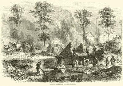 Houtskool maken voor buskruit, oktober 1870 door English School