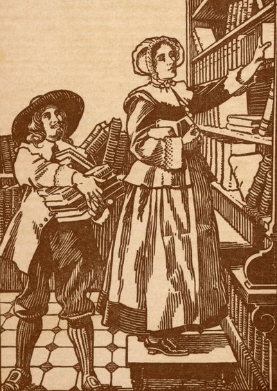 Mannelijke en vrouwelijke boekverkopers aan het werk in een 17e-eeuwse boekwinkel (litho) door English School