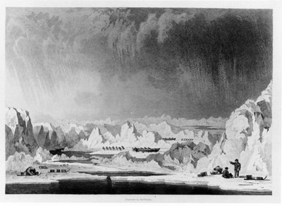 Het slepen van de boten door ijsschotsen, illustratie uit Narrative of an Attempt to Reach the North Pole door William Parry, gegraveerd door Edward Finden, gepubliceerd in 1828 door English School