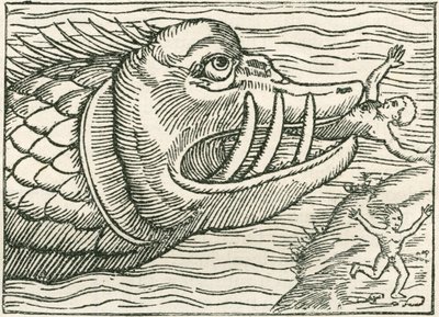 Man die wordt opgegeten door een zeeslang. Illustratie gevonden in de marge van een kaart gemaakt door Olaus Magnus door English School