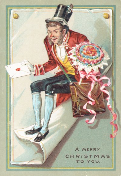 Man bezorgt brief en bloemen, Kerstkaart door English School