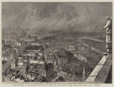 Manchester geïllustreerd, vogelvlucht van de stad vanaf de nieuwe stadhuis toren door English School