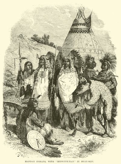 Mandan Indianen, met medicijnman in berenvel door English School