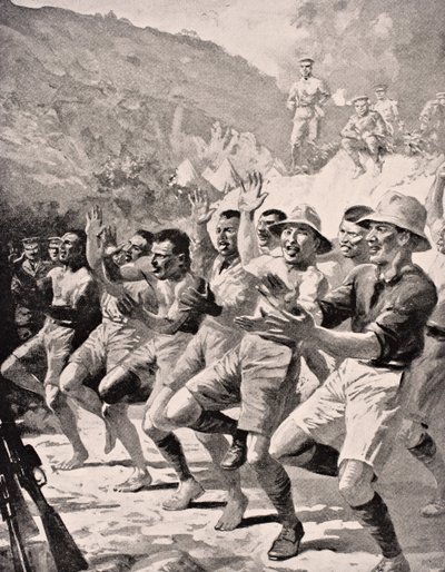 Maori soldaten voeren een Haka uit bij Gaba Tepe op het Gallipoli-schiereiland Turkije 1915, uit 