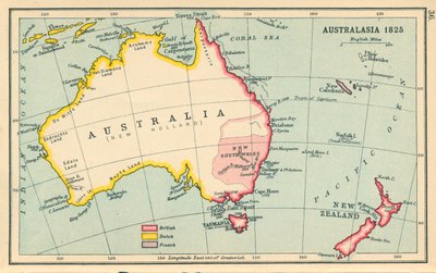 Kaart: Australazië 1825 (kleurenlitho) door English School