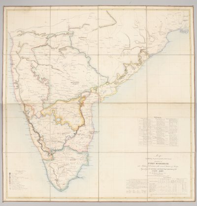 Kaart met de huidige verdeling van het land afhankelijk van Fort St. George in militaire divisies met verschillende troepenstations door English School