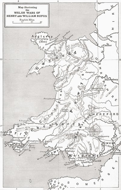 Kaart die de Welshe oorlogen van Willem Rufus en Hendrik I illustreert, uit 