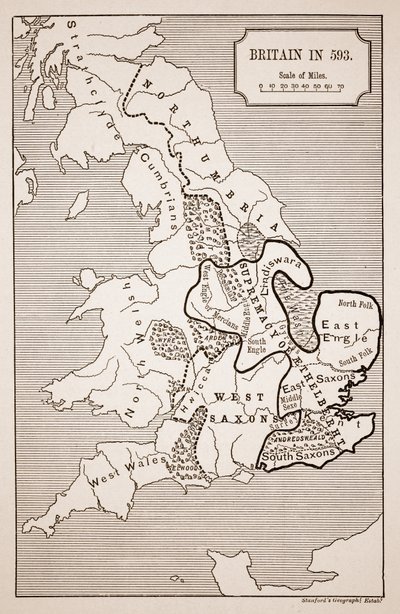 Kaart van Groot-Brittannië in 593, gedrukt door Stanfords Geographical Establishment door English School