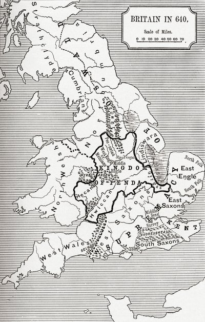 Kaart van Groot-Brittannië in 640, uit Het Northumbrische Koninkrijk in 