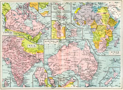 Kaart van Britse bezittingen in 1914 bij het uitbreken van WOI, uit The British Empire Universities Modern English Illustrated Dictionary, pub. 1914 door English School