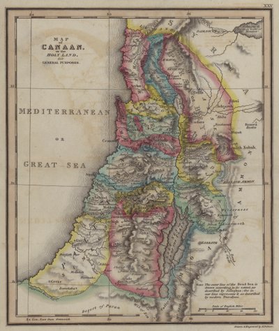 Kaart van Kanaän van het Heilige Land voor algemene doeleinden (gekleurde gravure) door English School
