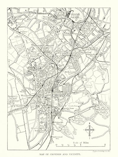 Kaart van Croydon en omgeving (gravure) door English School