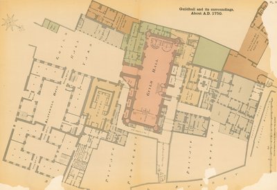 Kaart van Guildhall, Londen, en omgeving rond 1750 door English School