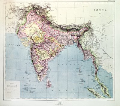 Kaart van India, gepubliceerd onder leiding van Kolonel H.R. Thuillier, R.E., Landmeter-Generaal van India, 1877 door English School