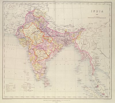 Kaart van India, gepubliceerd onder leiding van kolonel H.R. Thuillier, R.E., Surveyor General of India, 1882 door English School