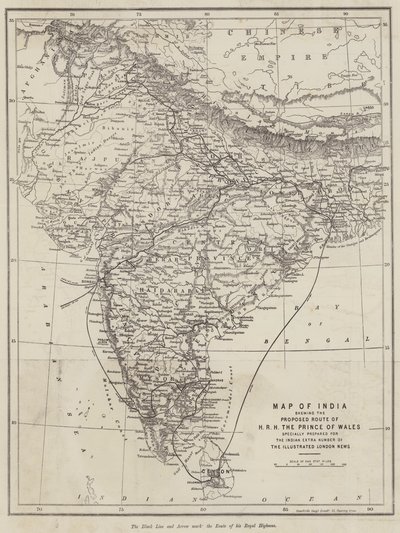 Kaart van India met de voorgestelde route van ZKH de Prins van Wales door English School
