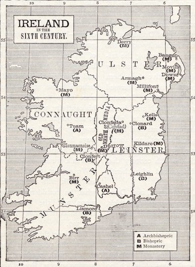 Kaart van Ierland in de zesde eeuw, uit het boek 