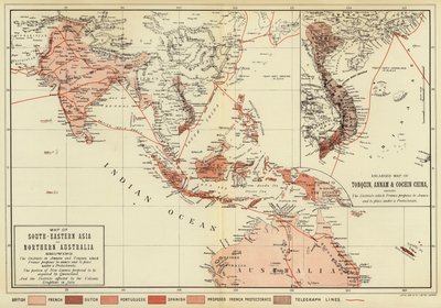 Kaart van Zuidoost-Azië en Noord-Australië; Vergrote kaart van Tonkin, Annam en Cochinchina (kleur litho) door English School