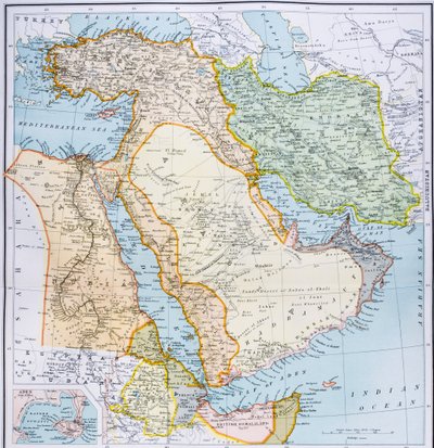 Kaart van Turkije, Midden-Oosten, Hoorn van Afrika en Perzische Golf in de jaren 1890, uit 