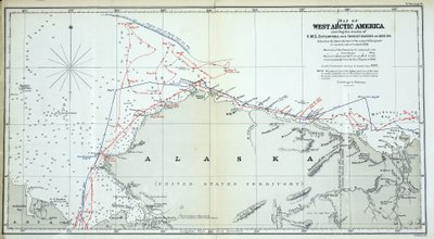 Kaart van West-Arctisch Amerika met de sporen van HMS Enterprise en Investigator in 1850-1854 door English School