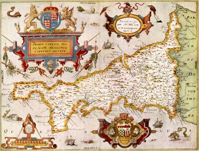 Kaart van het graafschap Cornwall in 1576, uit 