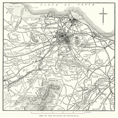 Kaart van de omgeving van Edinburgh (gravure) door English School