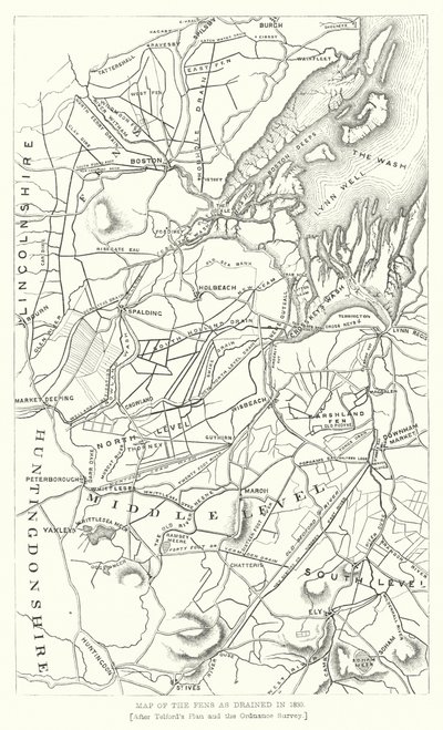 Kaart van de Fens zoals drooggelegd in 1830 (gravure) door English School