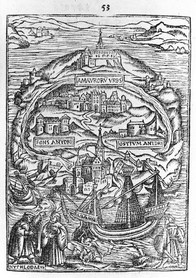Kaart van het Eiland Utopia, Boek frontispice, 1563 door English School
