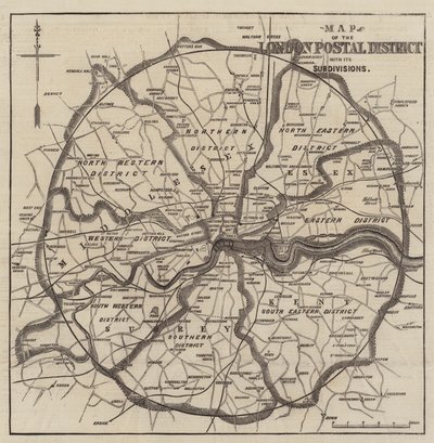 Kaart van de Londense postdistricten (gravure) door English School