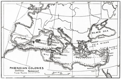 Kaart van de Fenicische koloniën en hun mediterrane handelsroutes door English School