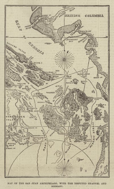 Kaart van de San Juan-archipel, met het betwiste kanaal en de grens door English School