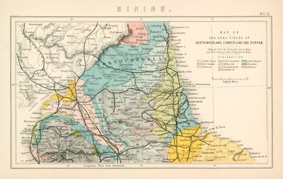 Kaart van de kolenvelden van Northumberland, Cumberland en Durham (kleurenlitho) door English School